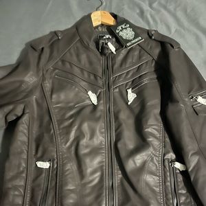 Brown leather motorcycle jacket